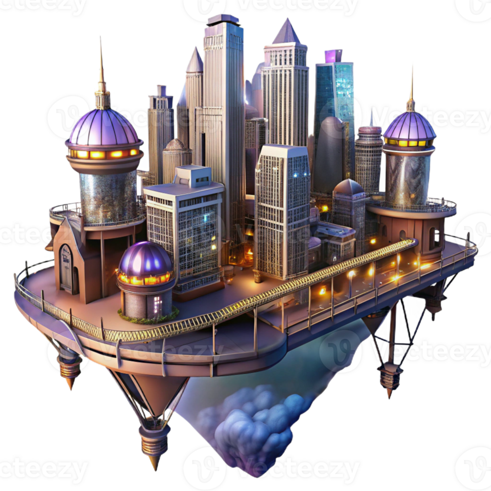 elegant modern A steampunk cityscape with towering buildings connected by intricate sky bridges, illuminated by a vibrant, futuristic glow authentic png