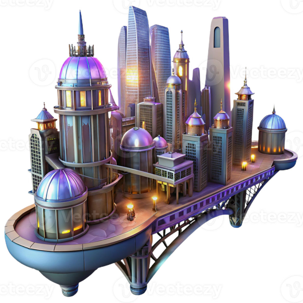 serene artistic A steampunk cityscape with towering buildings connected by intricate sky bridges, illuminated by a vibrant, futuristic glow genuine png