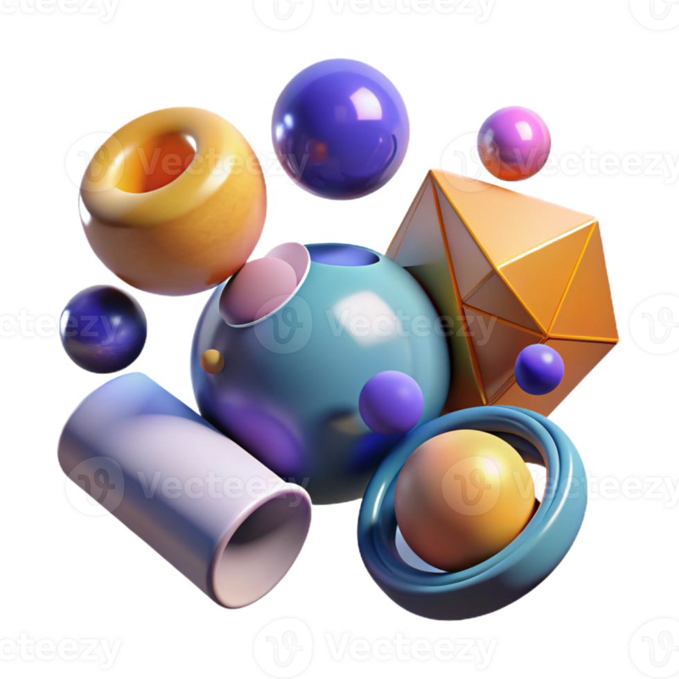vibrant abstract A field of geometric shapes, spheres and cylinders, floating in a zero-gravity environment, lit by multiple, colored light sources premium png