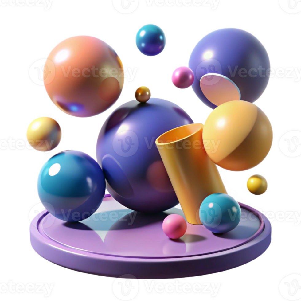 impressive classic A field of geometric shapes, spheres and cylinders, floating in a zero-gravity environment, lit by multiple, colored light sources professional png