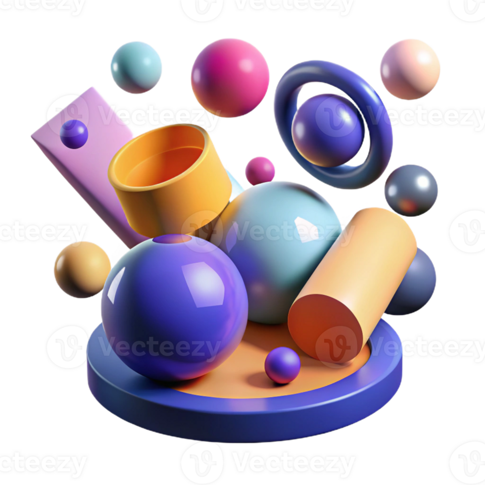 impressive contemporary A field of geometric shapes, spheres and cylinders, floating in a zero-gravity environment, lit by multiple, colored light sources detailed png
