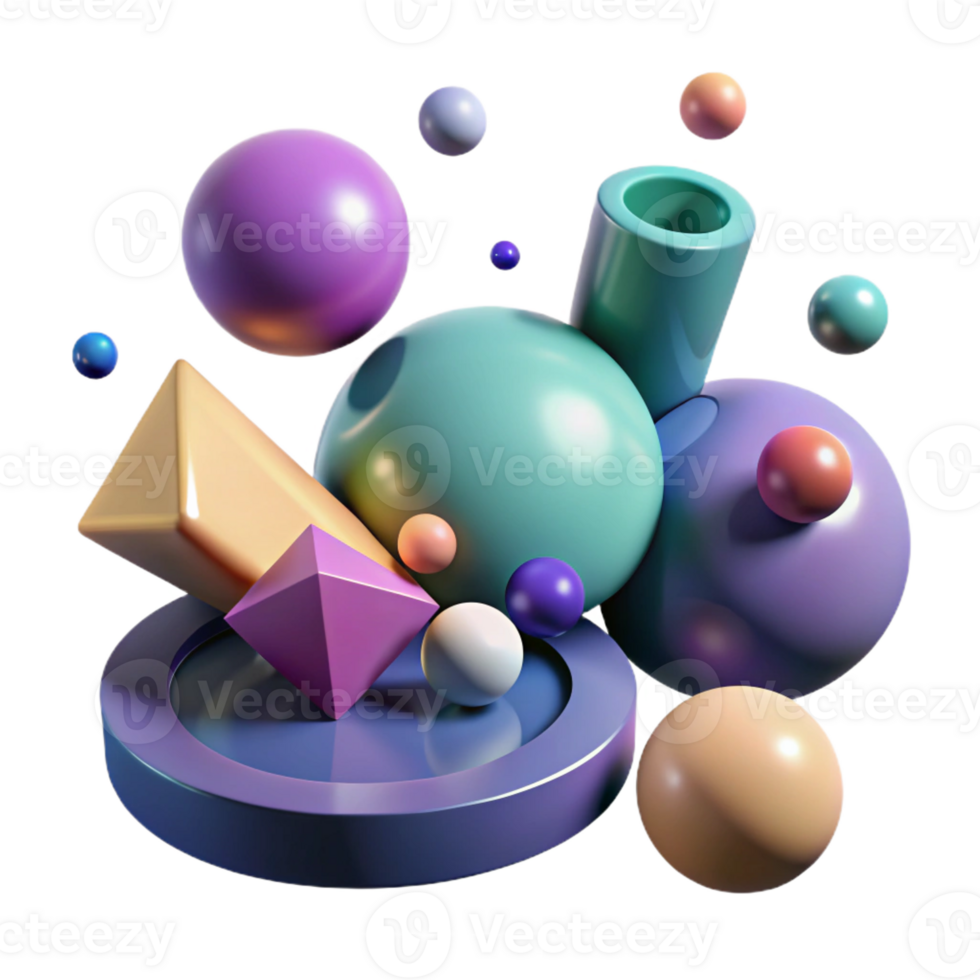 extraordinary creative A field of geometric shapes, spheres and cylinders, floating in a zero-gravity environment, lit by multiple, colored light sources professional png