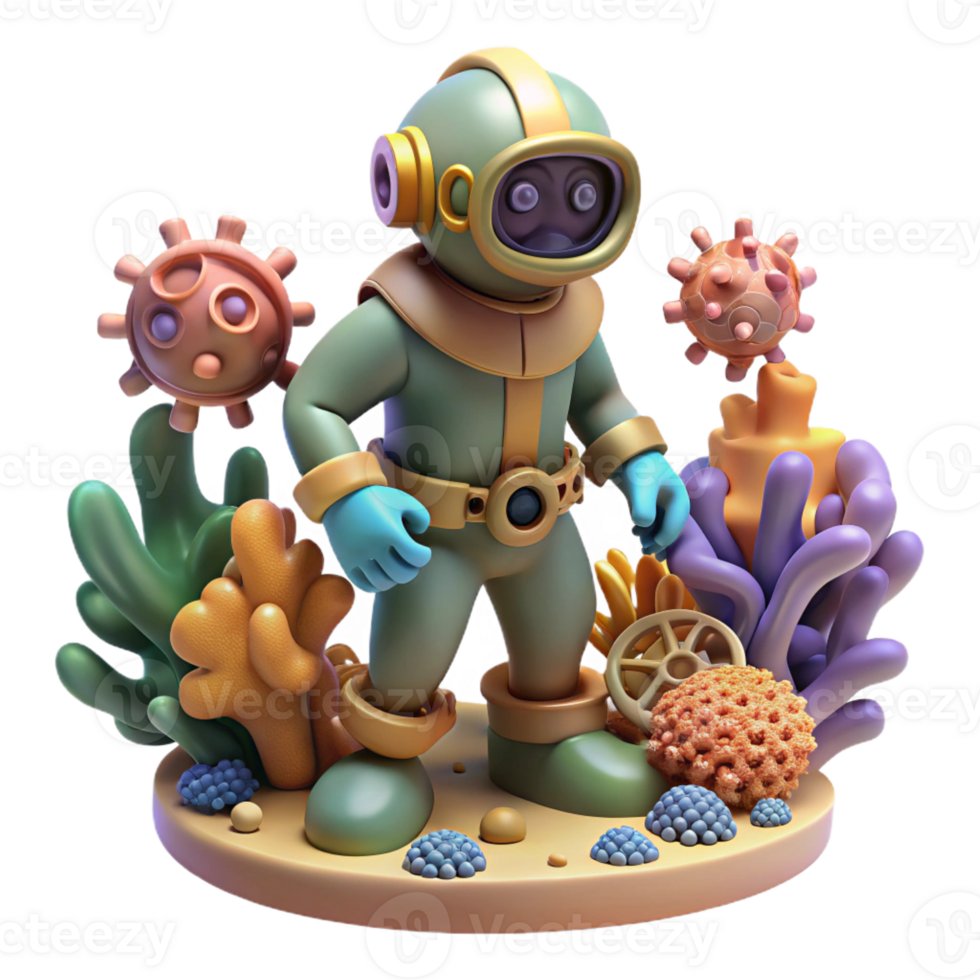 wonderful abstract A steampunk diver exploring a coral reef made of gears and cogs, underwater lighting, surreal style professional png