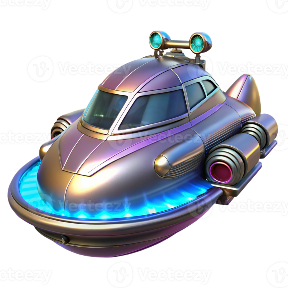 serene abstract A futuristic steampunk vehicle, resembling a hovercraft, sleek chrome and neon, speeding through a futuristic landscape high quality png