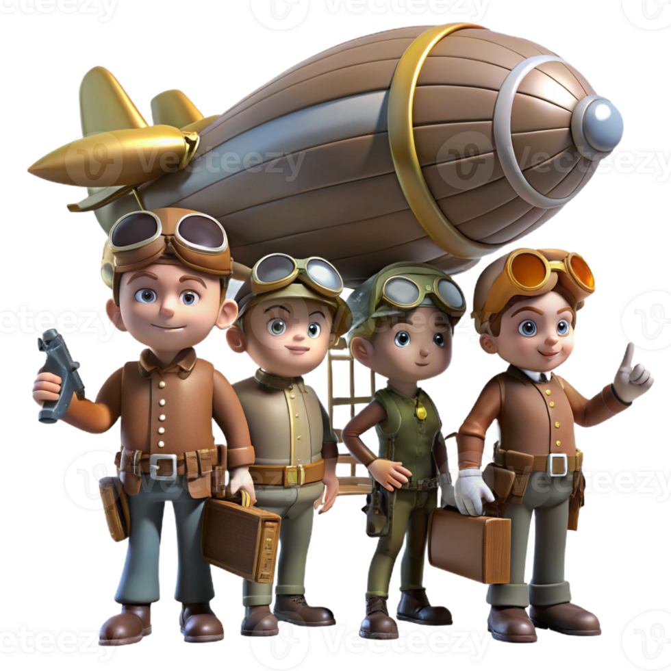 magnificent contemporary A group of steampunk aviators, preparing for flight, dynamic lighting, vintage aviation style high resolution png
