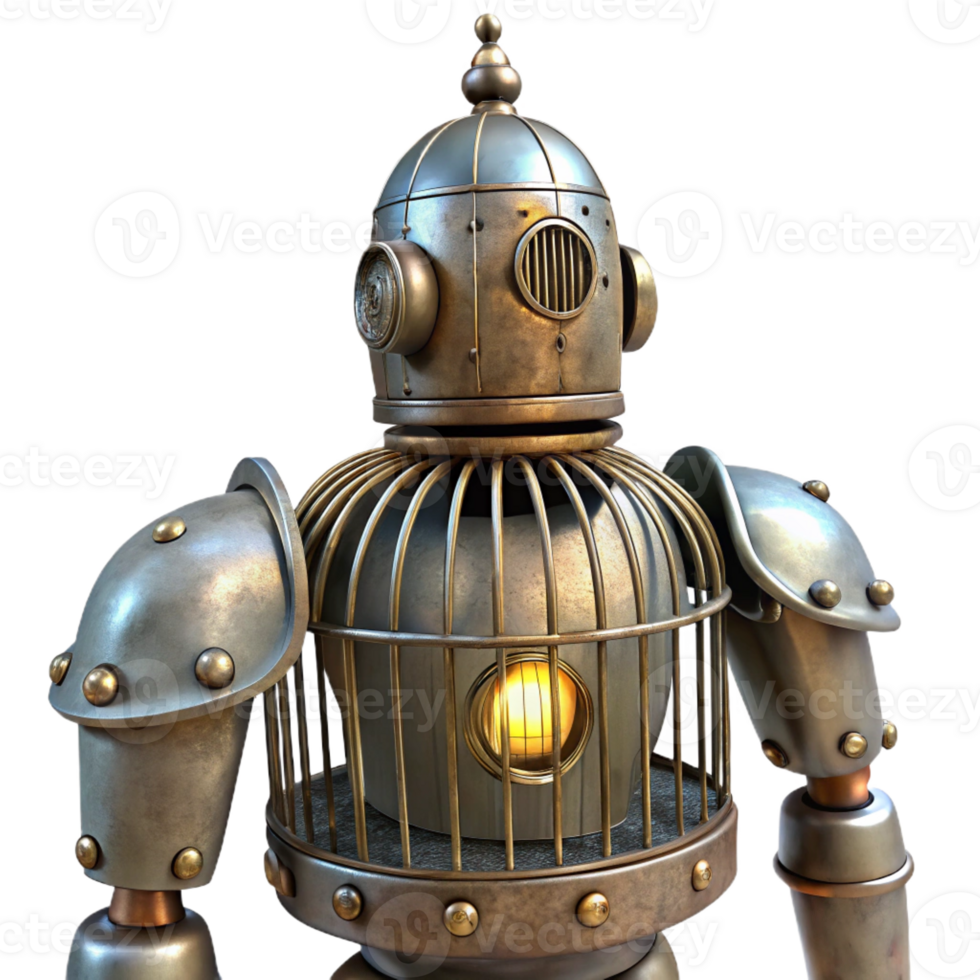 serene creative A steampunk robot with a birdcage for a head, dim, atmospheric lighting, surreal style exclusive png