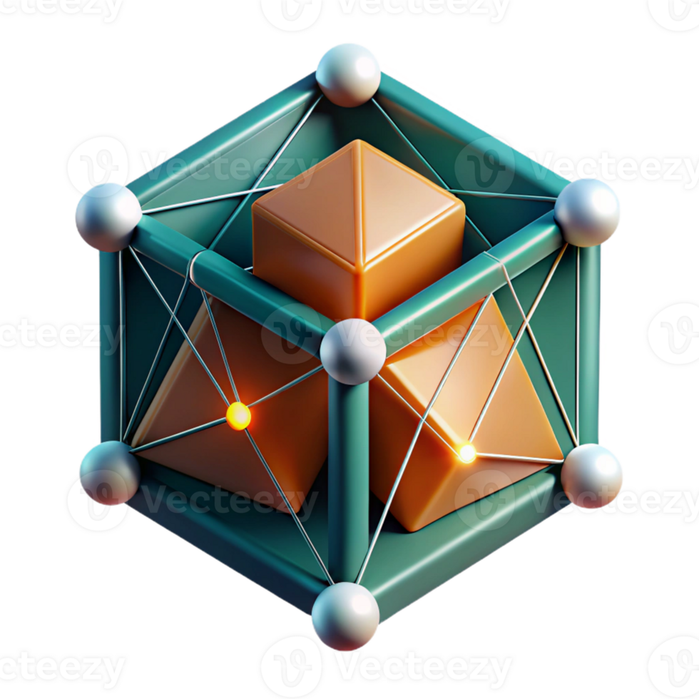 serene rustic Fractured geometric shapes in shades of deep teal and burnt orange, connected by thin threads of glowing white light, isometric view, cyberpunk style, 4K png