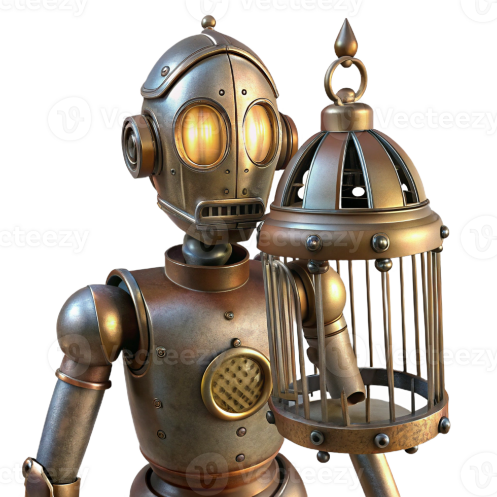 wonderful rustic A steampunk robot with a birdcage for a head, dim, atmospheric lighting, surreal style high quality png