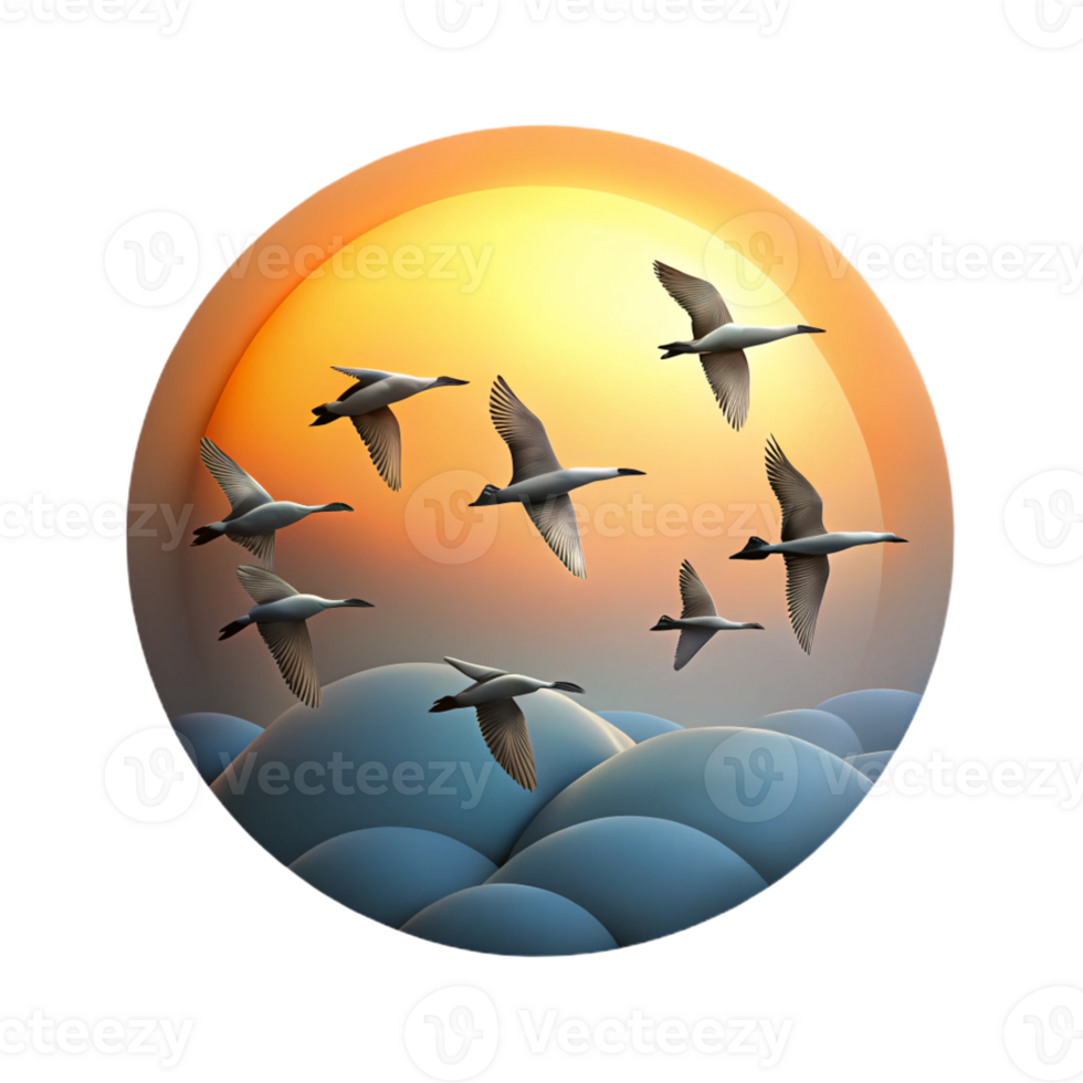 serene abstract A group of migrating birds flying in formation against a sunset sky, serene, peaceful, nature photography authentic png