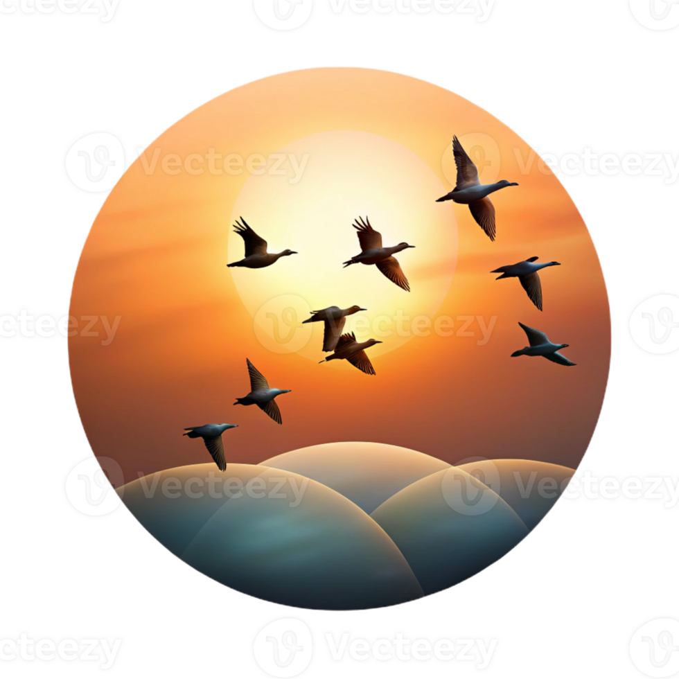 stunning vintage A group of migrating birds flying in formation against a sunset sky, serene, peaceful, nature photography original png