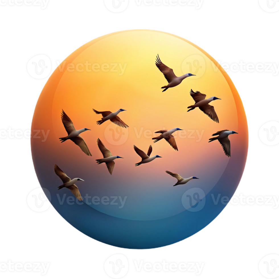dramatic classic A group of migrating birds flying in formation against a sunset sky, serene, peaceful, nature photography high quality png