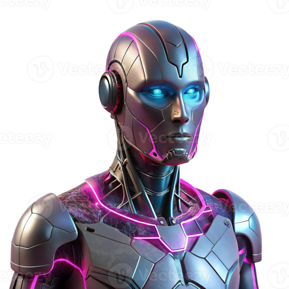 vibrant traditional A lone cyborg, chrome skin reflecting neon pink and teal city lights, intricate wiring visible under cracked porcelain plating, cyberpunk style, cinematic lighting authentic png