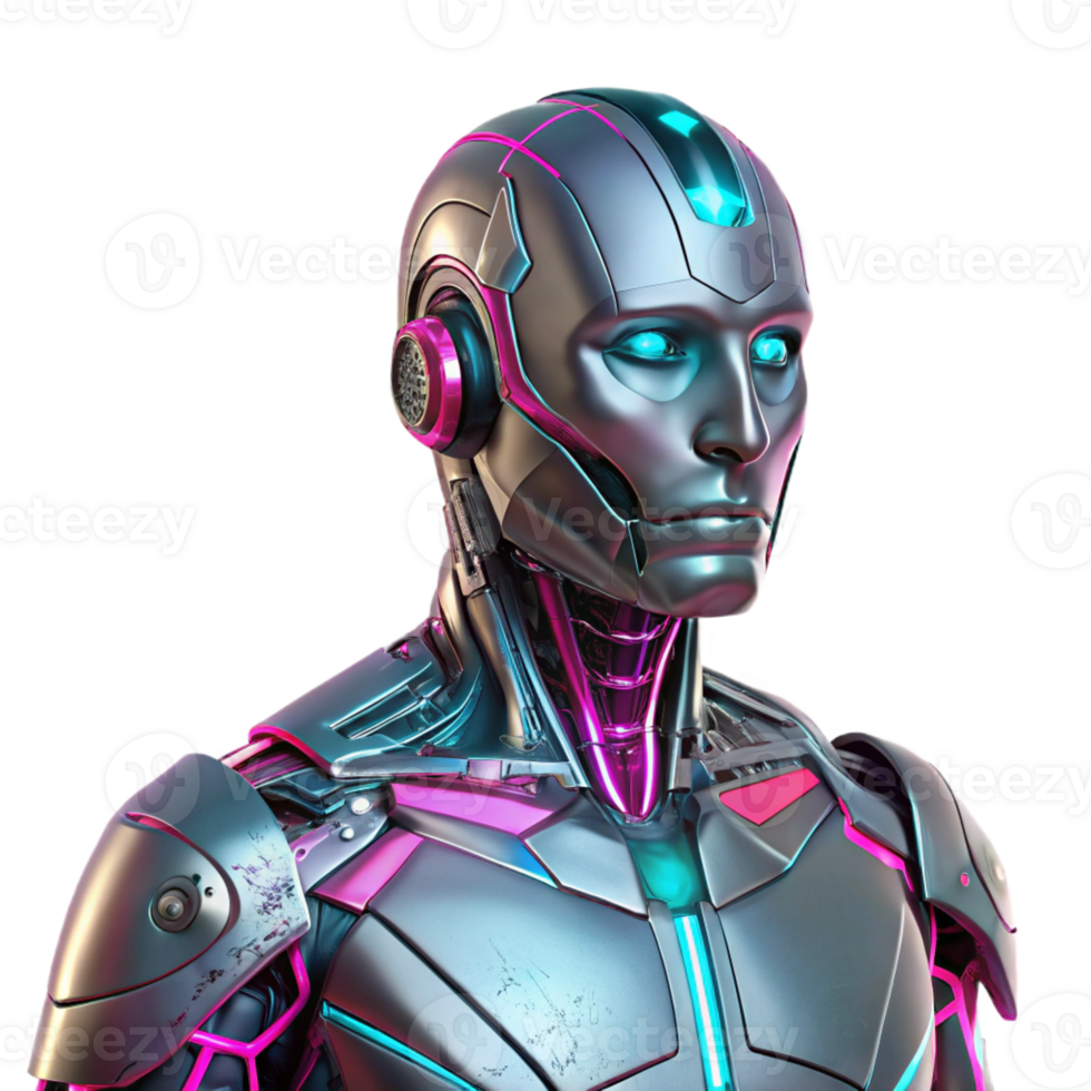 elegant modern A lone cyborg, chrome skin reflecting neon pink and teal city lights, intricate wiring visible under cracked porcelain plating, cyberpunk style, cinematic lighting original png