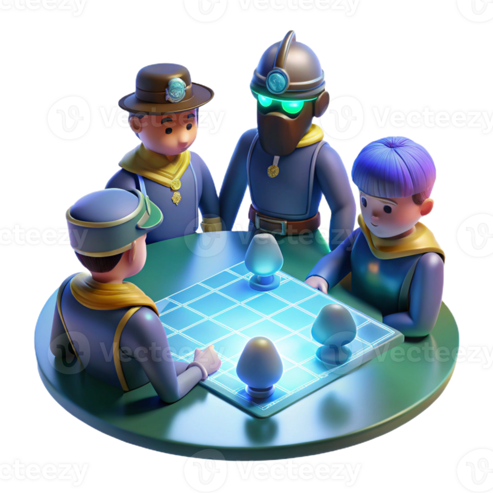 extraordinary traditional A group of space pirates gathered around a holographic map, their faces illuminated by the glowing projection, gritty realism style, low-key lighting authentic png
