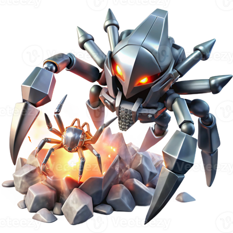 extraordinary creative A towering mecha battling a giant, crystalline spider in a ruined city, sparks flying from clashing metal and crystal, anime style, dynamic lighting premium png