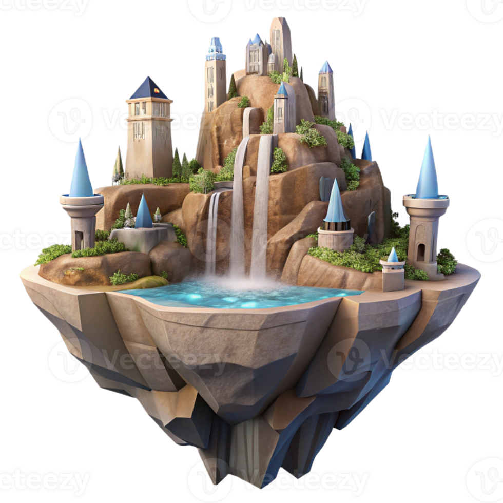 wonderful creative A floating island city amongst towering rock formations, waterfalls cascading down the sides, fantasy sci-fi style, soft lighting exclusive png