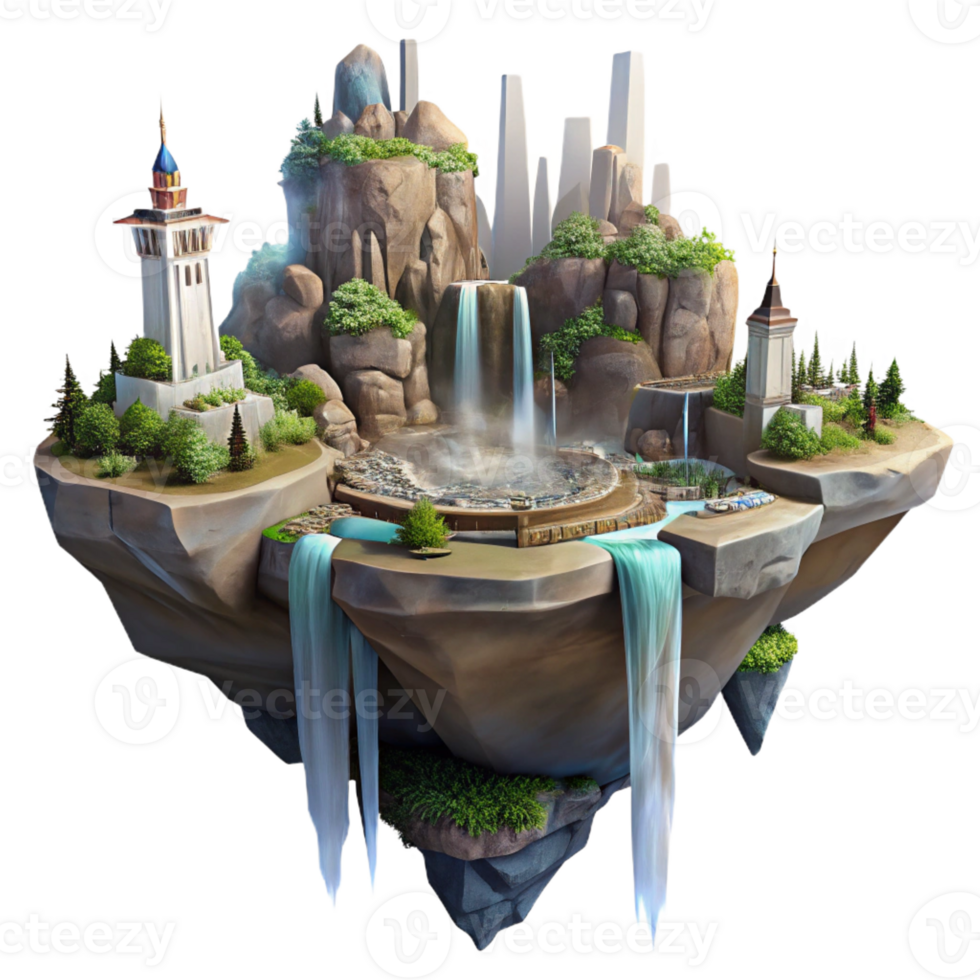 stunning rustic A floating island city amongst towering rock formations, waterfalls cascading down the sides, fantasy sci-fi style, soft lighting high resolution png
