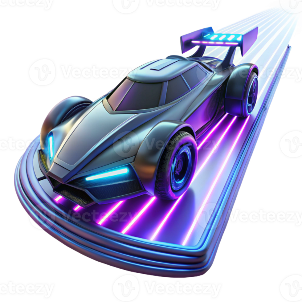 extraordinary rustic A futuristic racing car hovering above a track, neon lights streaking across its chassis, cyberpunk style, dynamic lighting professional png
