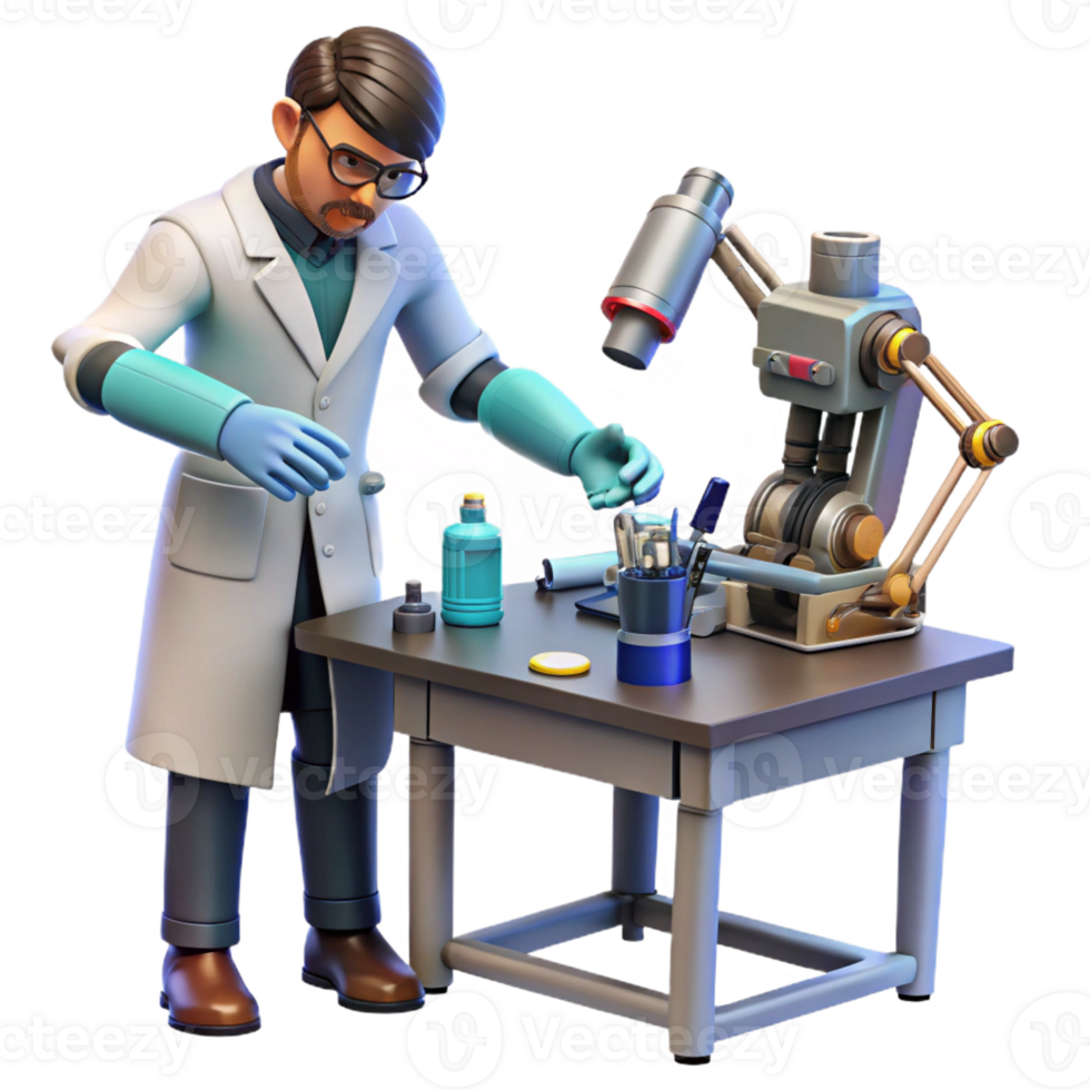 stunning traditional A scientist working on a cybernetic arm in a cluttered laboratory, tools and wires scattered around the workbench, biopunk style, cool lighting premium png