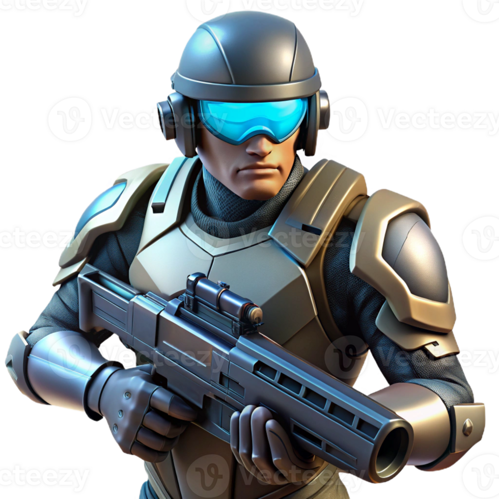 serene rustic A futuristic soldier holding a plasma rifle, his visor reflecting a battlefield scene, gritty realism style, low-key lighting premium png