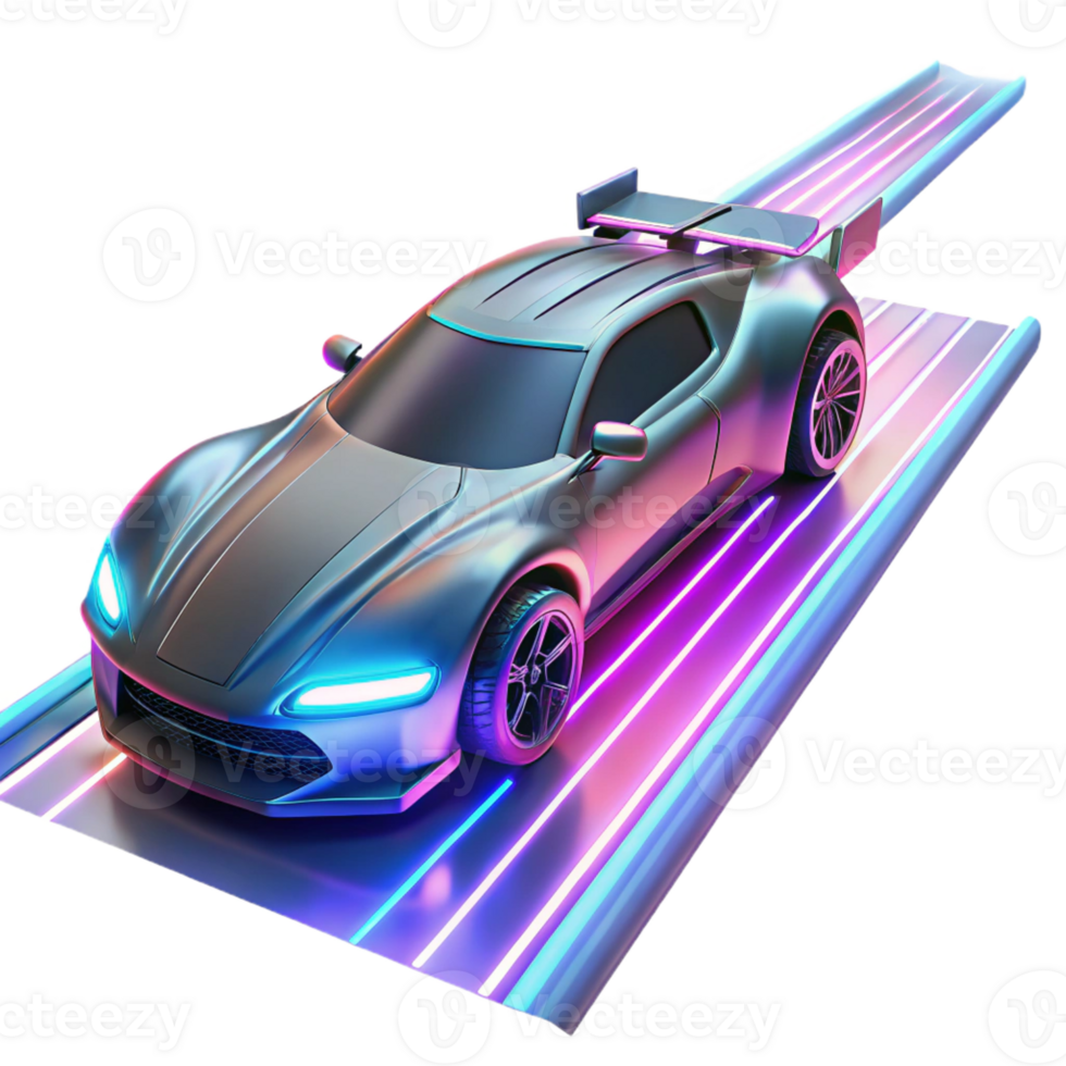 dramatic classic A futuristic racing car hovering above a track, neon lights streaking across its chassis, cyberpunk style, dynamic lighting high resolution png