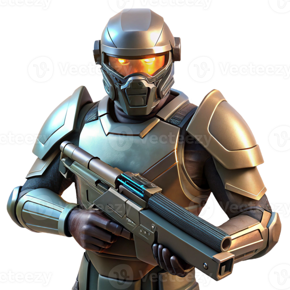 stunning rustic A futuristic soldier holding a plasma rifle, his visor reflecting a battlefield scene, gritty realism style, low-key lighting professional png