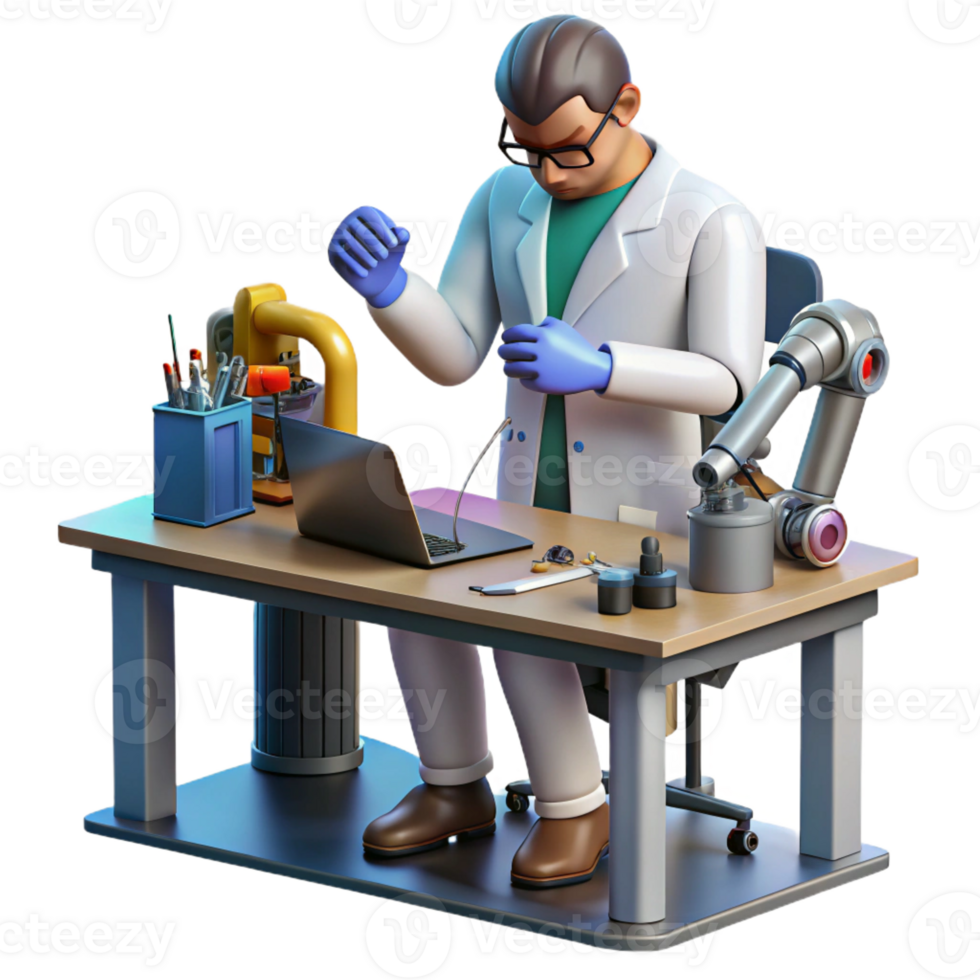 serene artistic A scientist working on a cybernetic arm in a cluttered laboratory, tools and wires scattered around the workbench, biopunk style, cool lighting original png