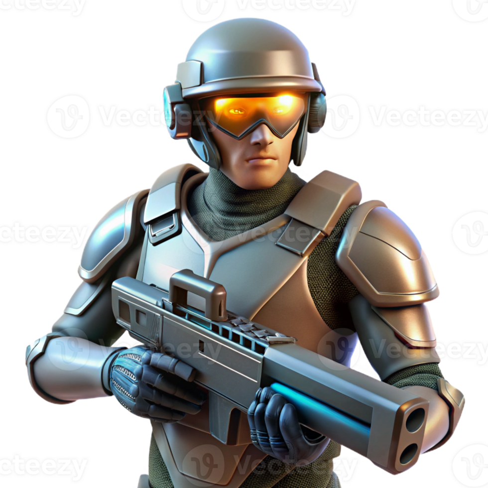 serene rustic A futuristic soldier holding a plasma rifle, his visor reflecting a battlefield scene, gritty realism style, low-key lighting authentic png