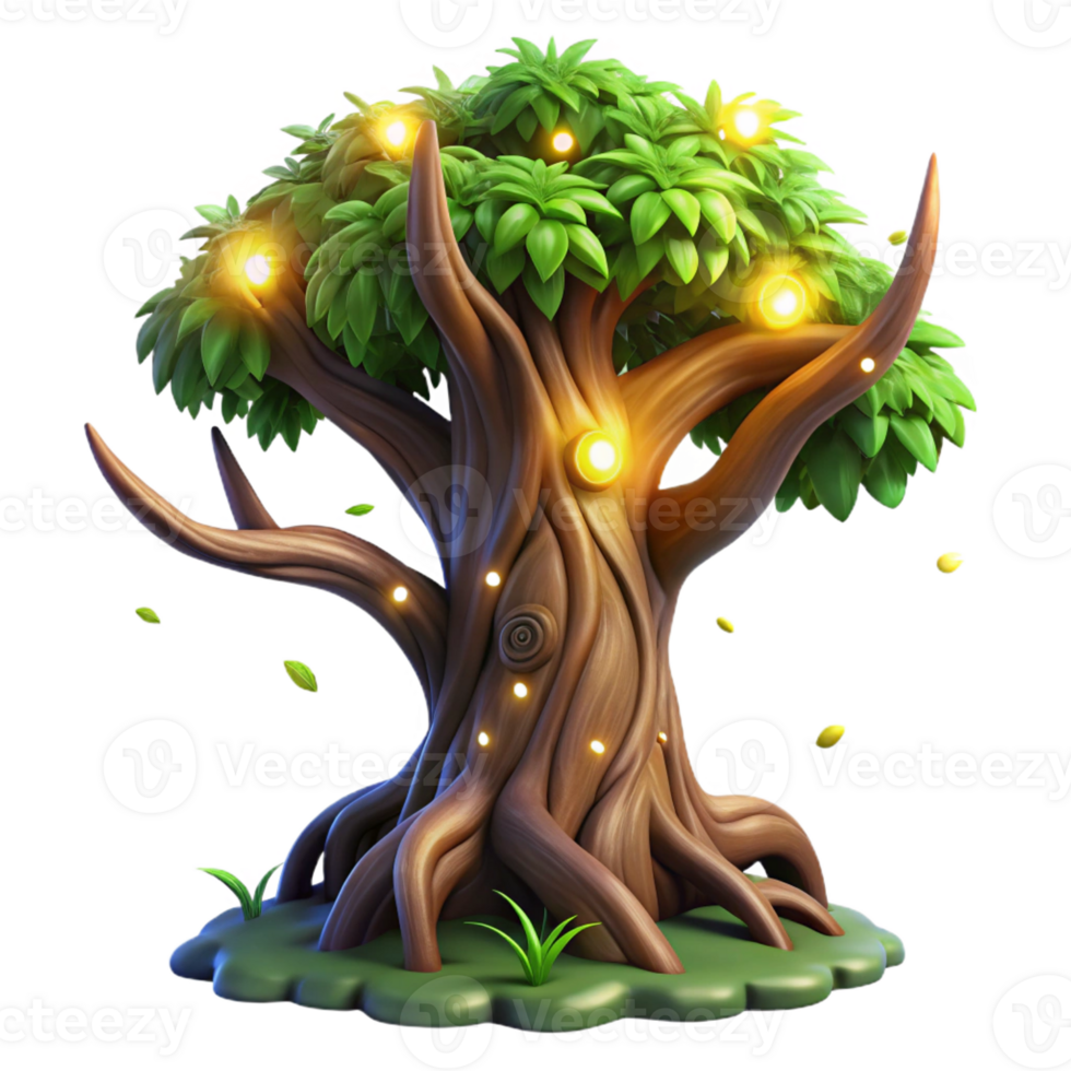 magnificent traditional An ancient, gnarled tree with glowing runes carved into its bark, surrounded by swirling fireflies, vibrant and magical lighting, fantasy art style detailed png