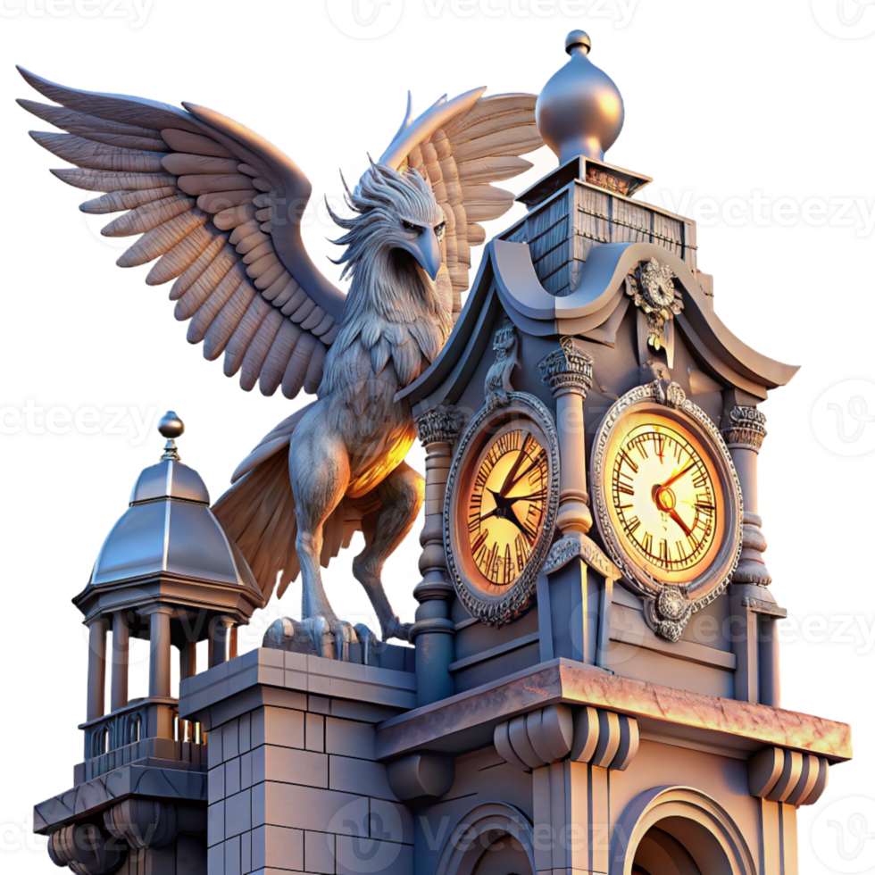 elegant minimalist A majestic griffin perched atop a crumbling clock tower, bathed in the ethereal glow of a twilight sky, intricate steampunk gears scattered around, Art Nouveau style professional png