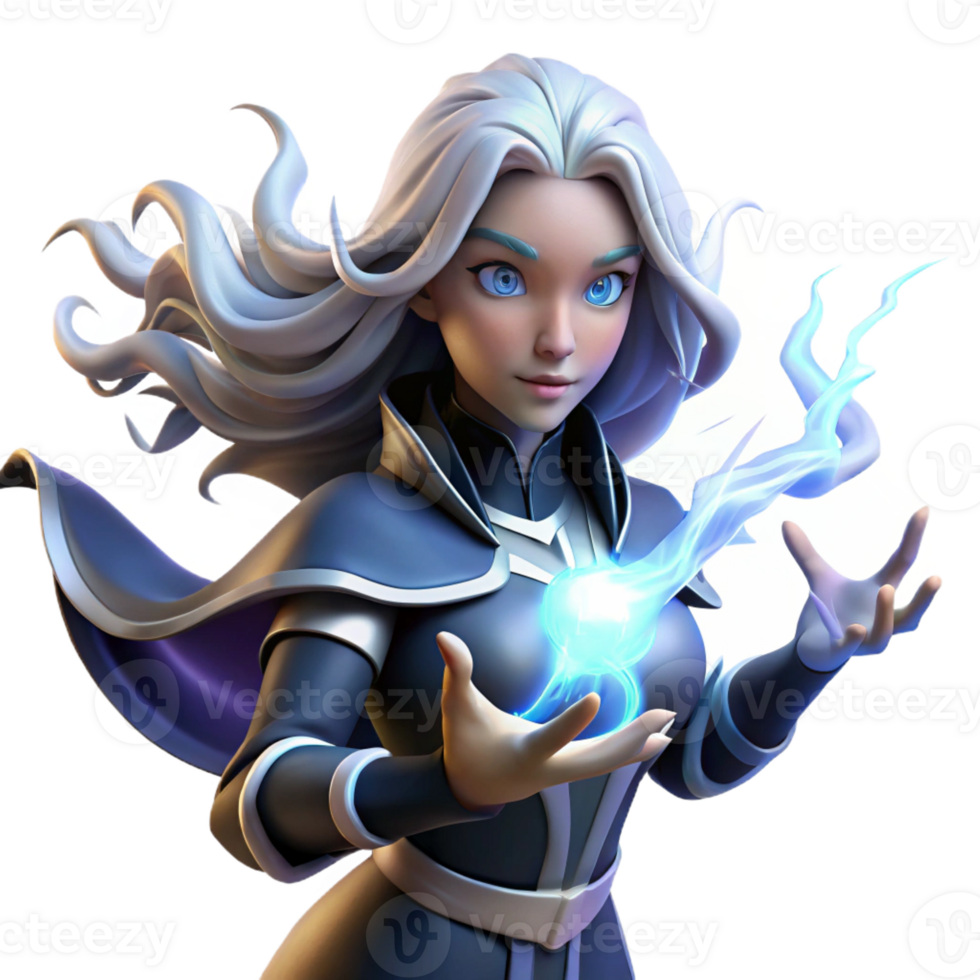 serene modern A powerful sorceress with flowing white hair casting a spell, crackling energy emanating from her hands, dramatic and dynamic lighting, comic book style professional png