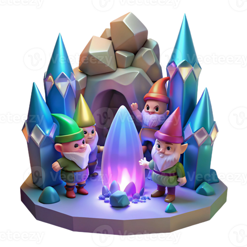 impressive vintage A group of adventurous gnomes exploring a crystal cave, shimmering and colorful lighting, children's book illustration style detailed png