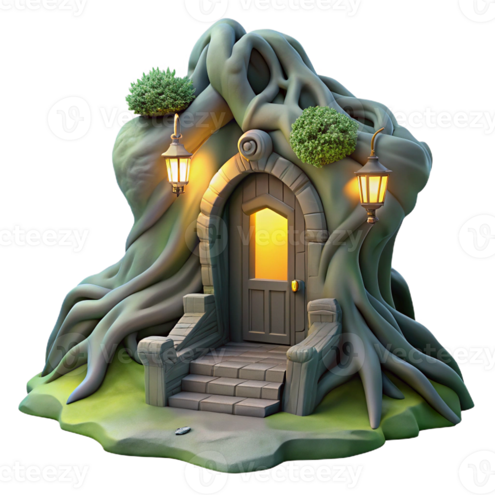 elegant abstract A hidden doorway in the roots of a giant tree, leading to a glowing portal, mysterious and intriguing lighting, matte painting style exclusive png