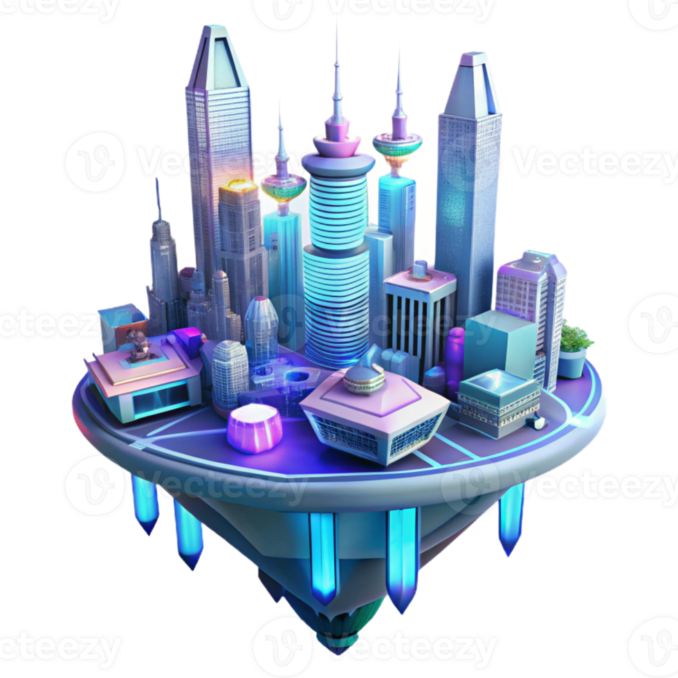 serene minimalist A futuristic floating city with interconnected glass towers and flying vehicles, cyberpunk style, vibrant neon lights detailed png