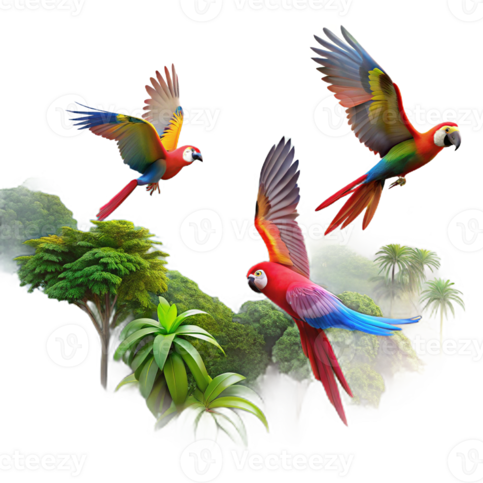 serene artistic Colorful Macaws Flying over Mountains high resolution png