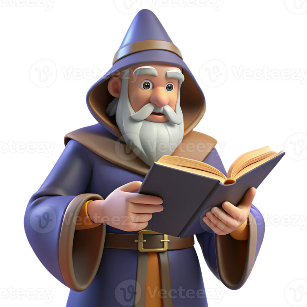 serene traditional A Wise Old Wizard Reading a Spellbook in Hi original png
