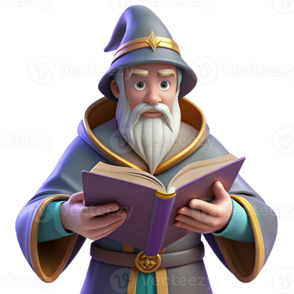 beautiful traditional A Wise Old Wizard Reading a Spellbook in Hi high quality png