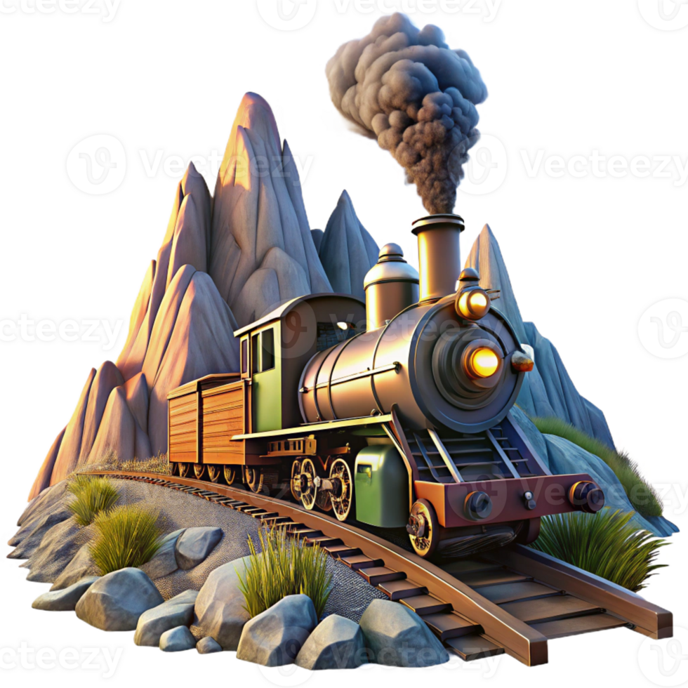 stunning modern A Steampunk Train Speeding Through a Moun detailed png