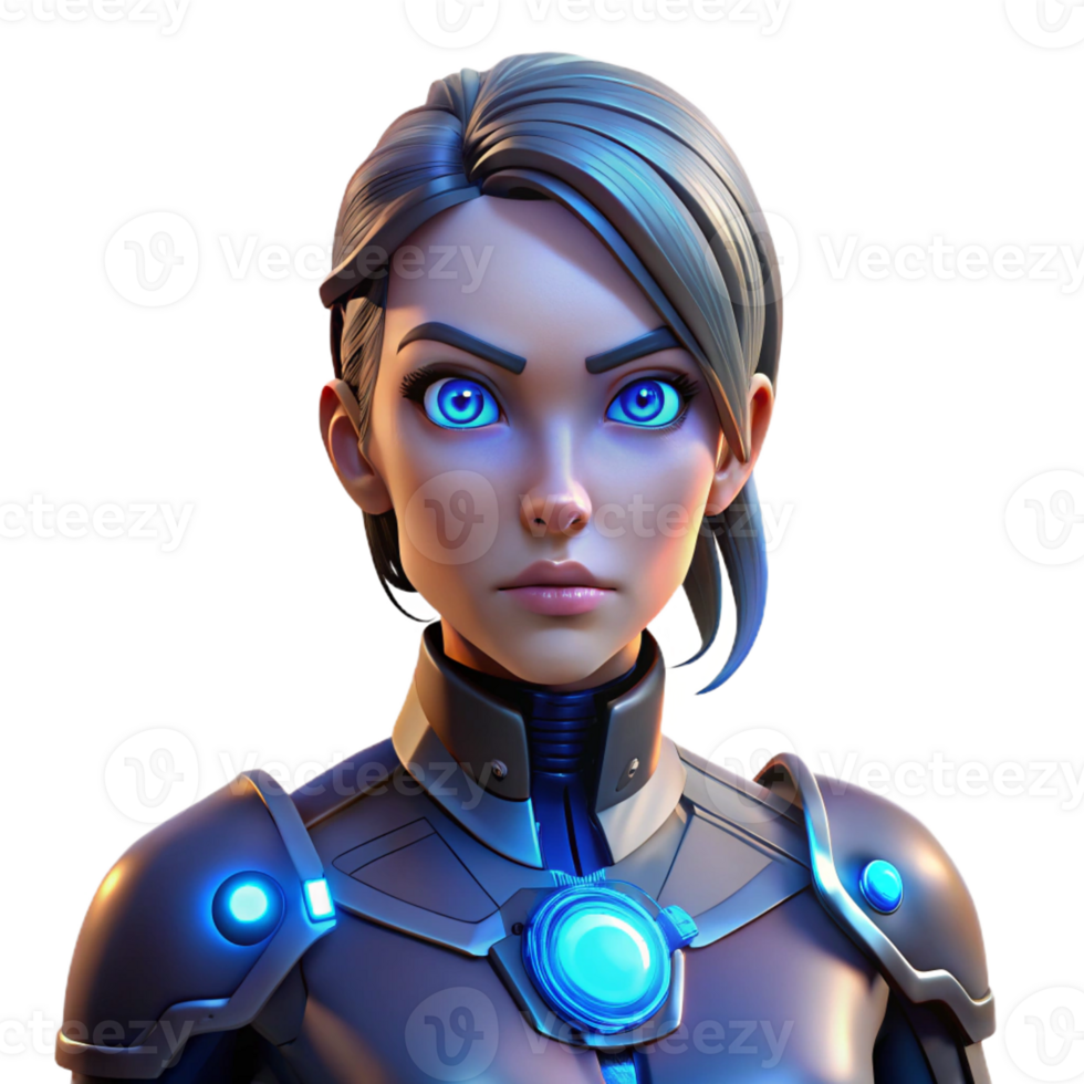 stunning artistic A Female Cyborg with Glowing Blue Eyes And authentic png