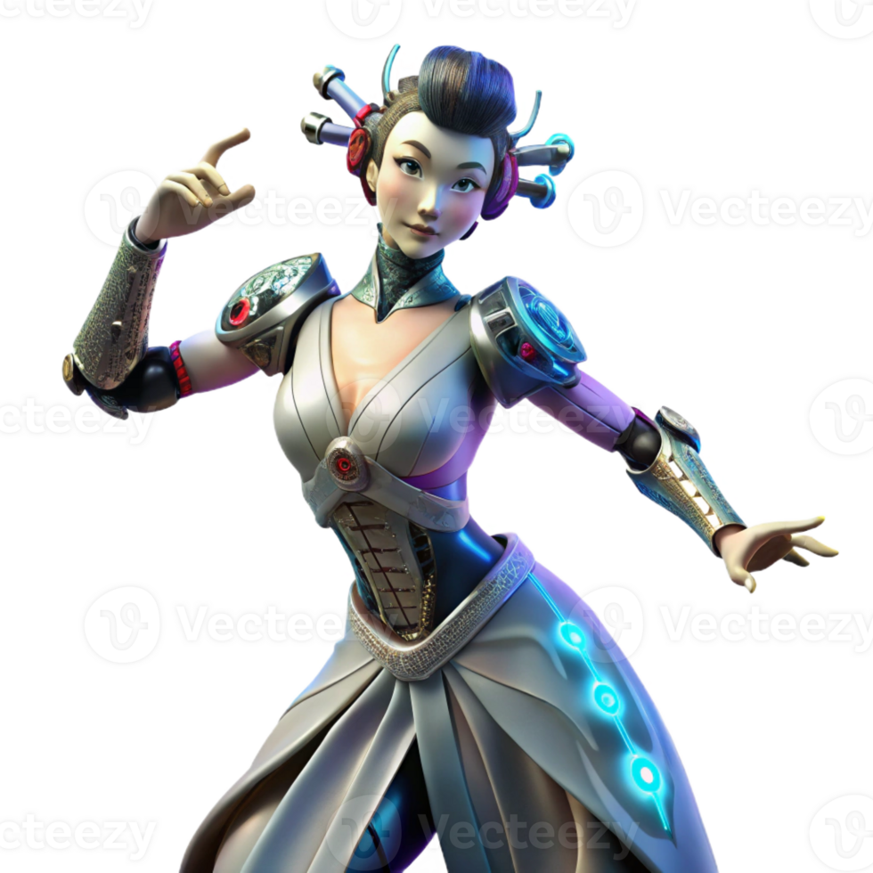 serene traditional A Cyborg Geisha with Intricate Tattoos A professional png