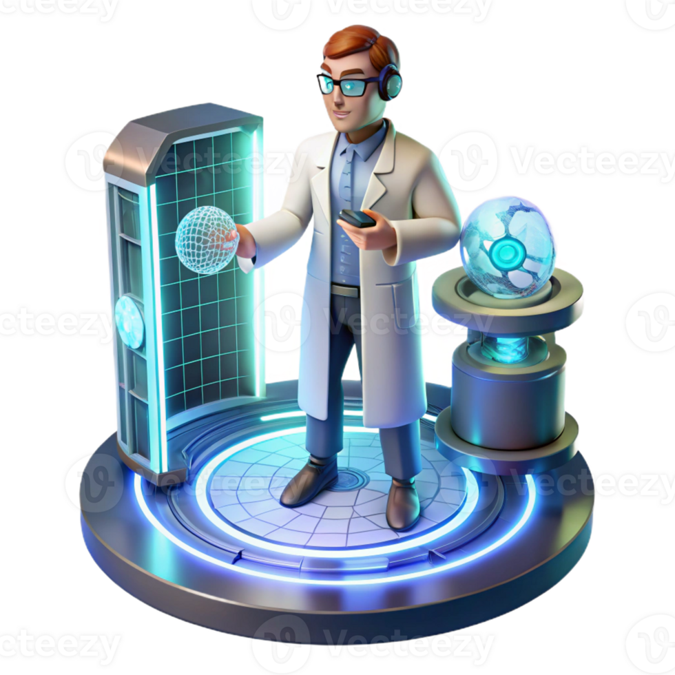 serene traditional A Scientist Working on a Complex Hologra professional png