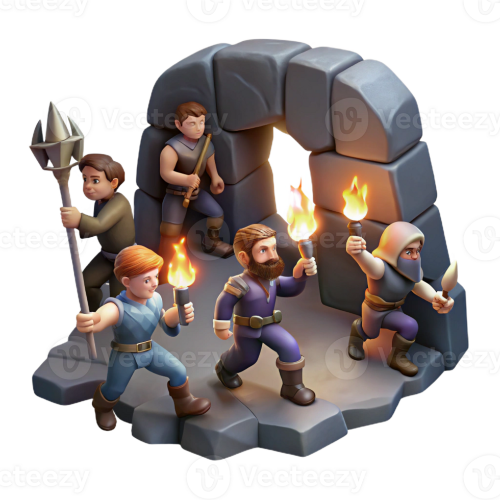 wonderful rustic A Group of Adventurers Exploring a Dark D 4K png