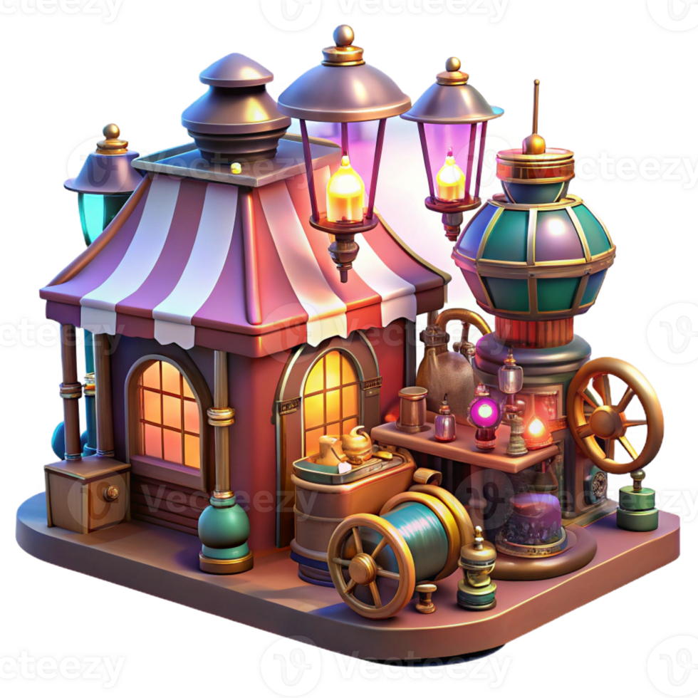 vibrant modern A Bustling Steampunk Marketplace Filled W premium png
