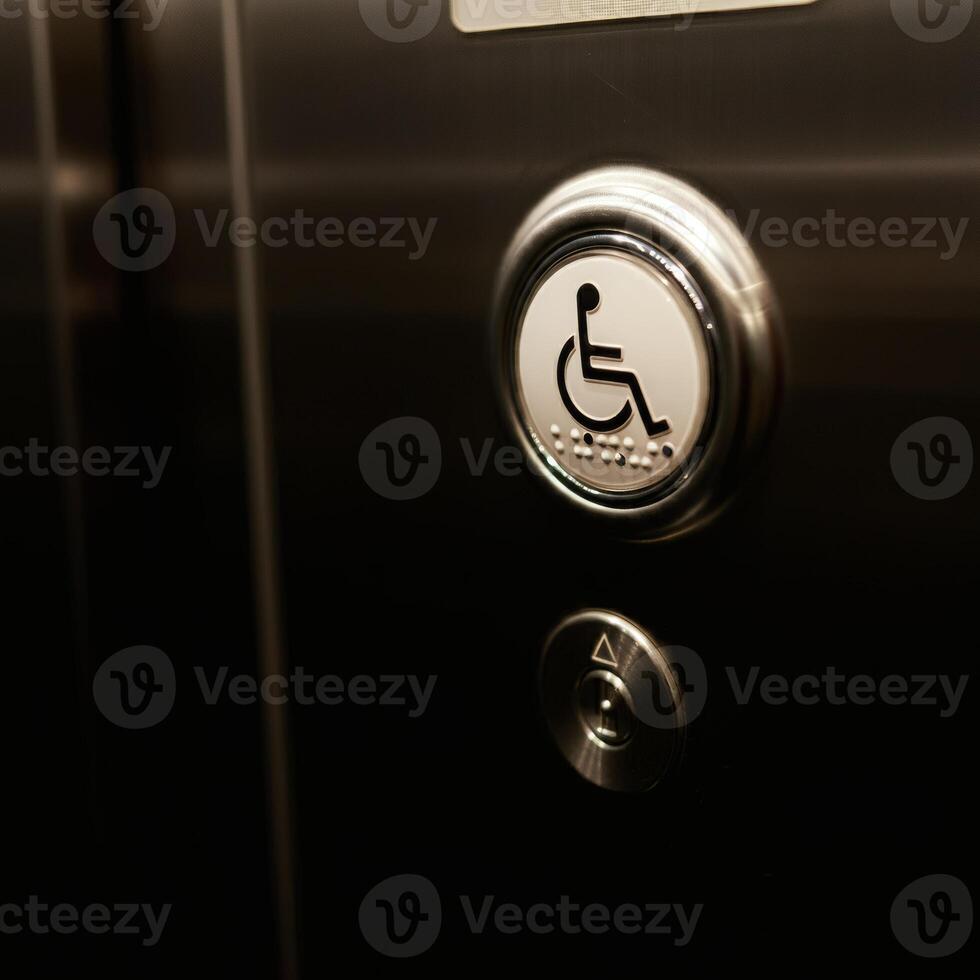 Wheelchair accessible elevator button with braille signage inclusion and accessibility for people with disabilities photo