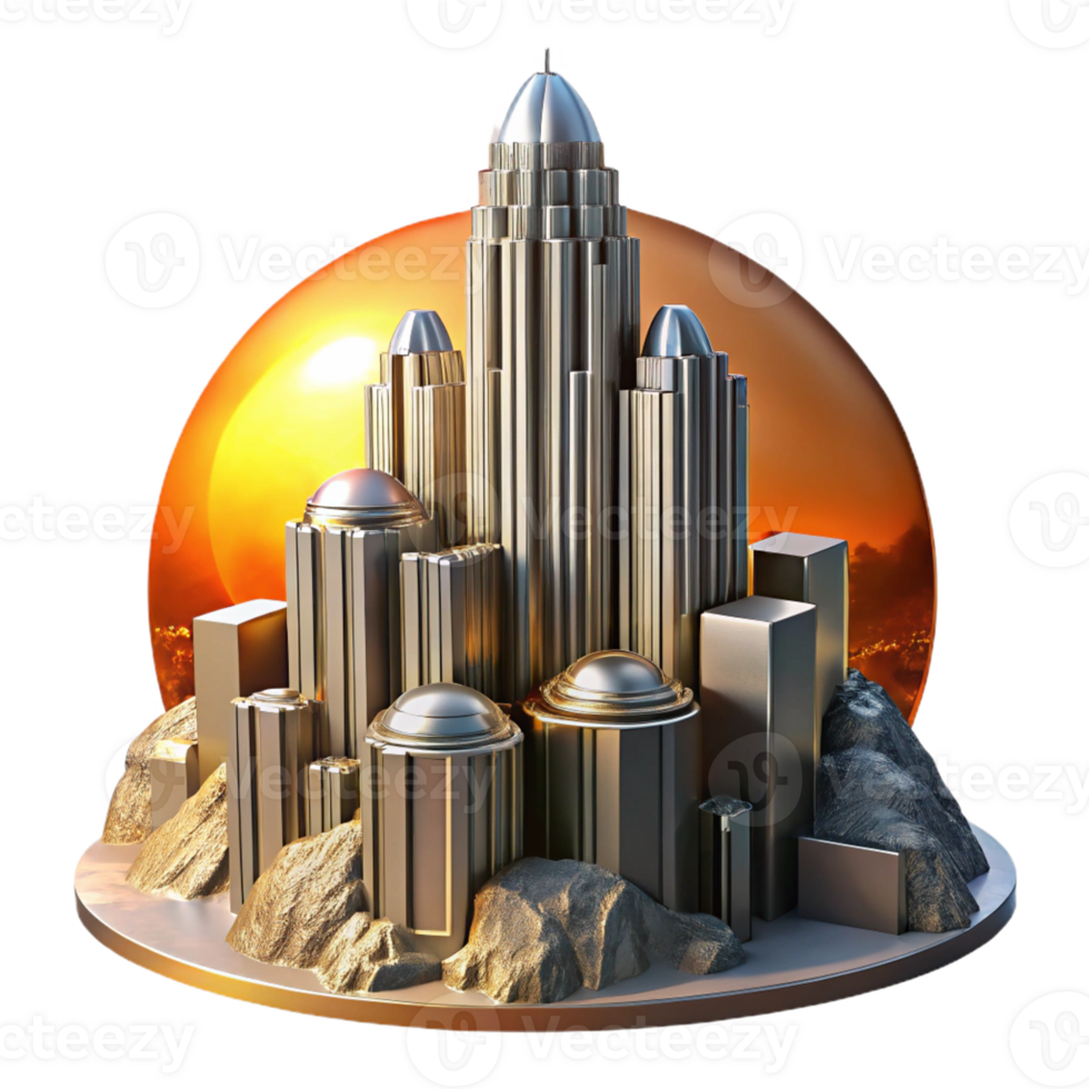 serene contemporary A Towering Chrome Metropolis Built Into high quality png
