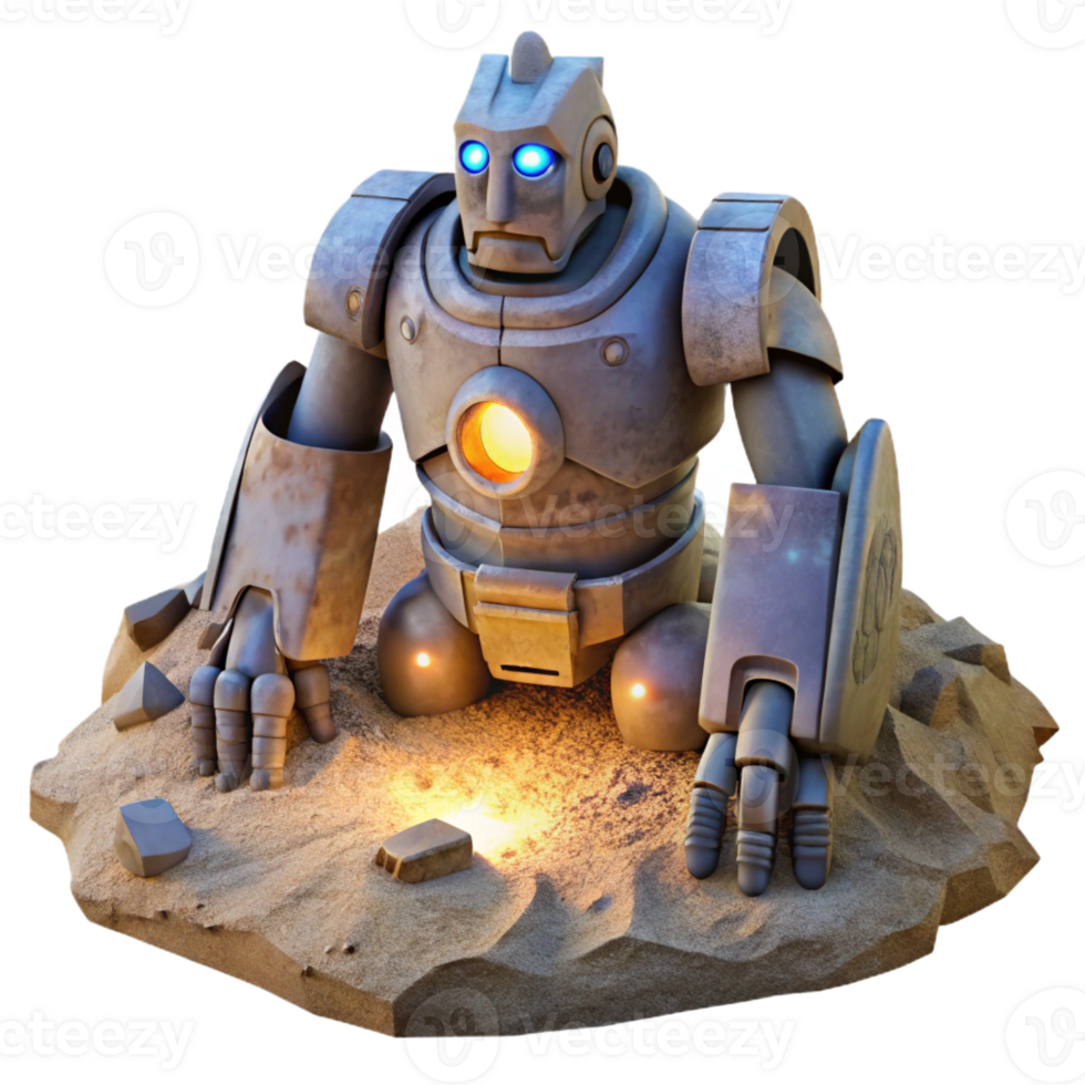 serene minimalist A Colossal Ancient Robot Partially Bur genuine png