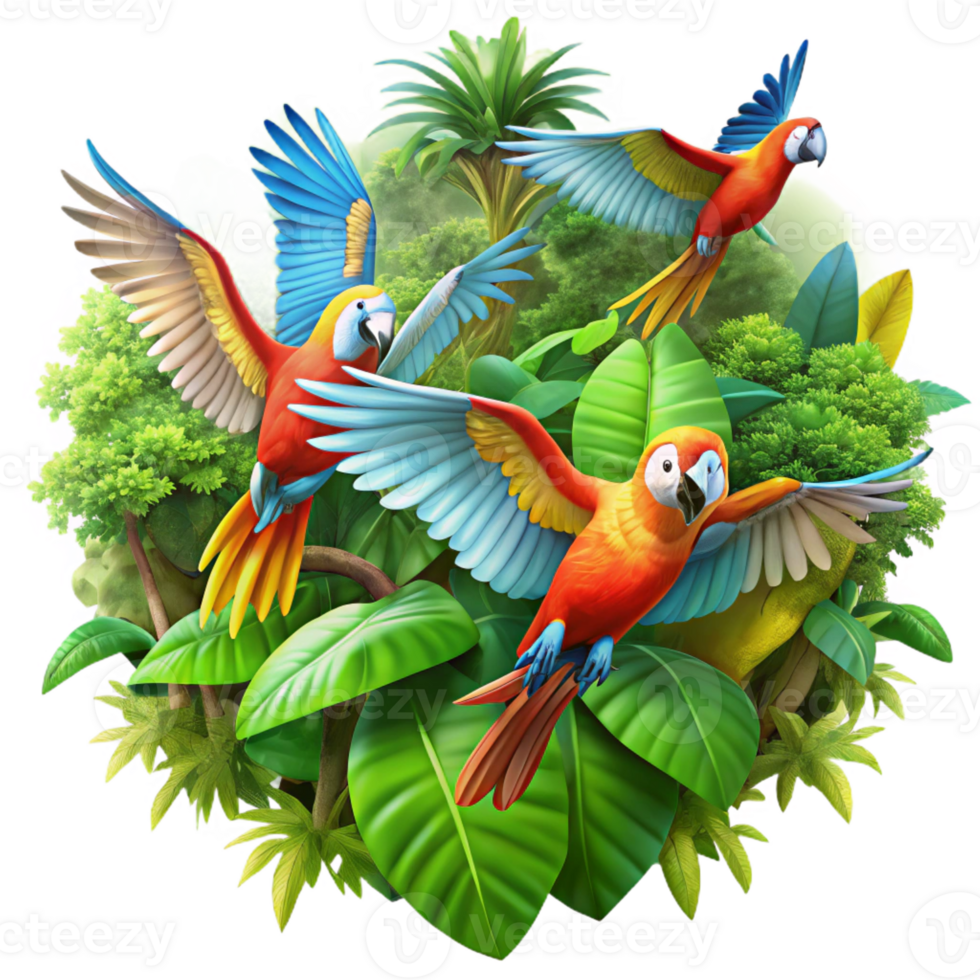 elegant abstract A Flock of Vibrant Macaws Soaring Through A authentic png