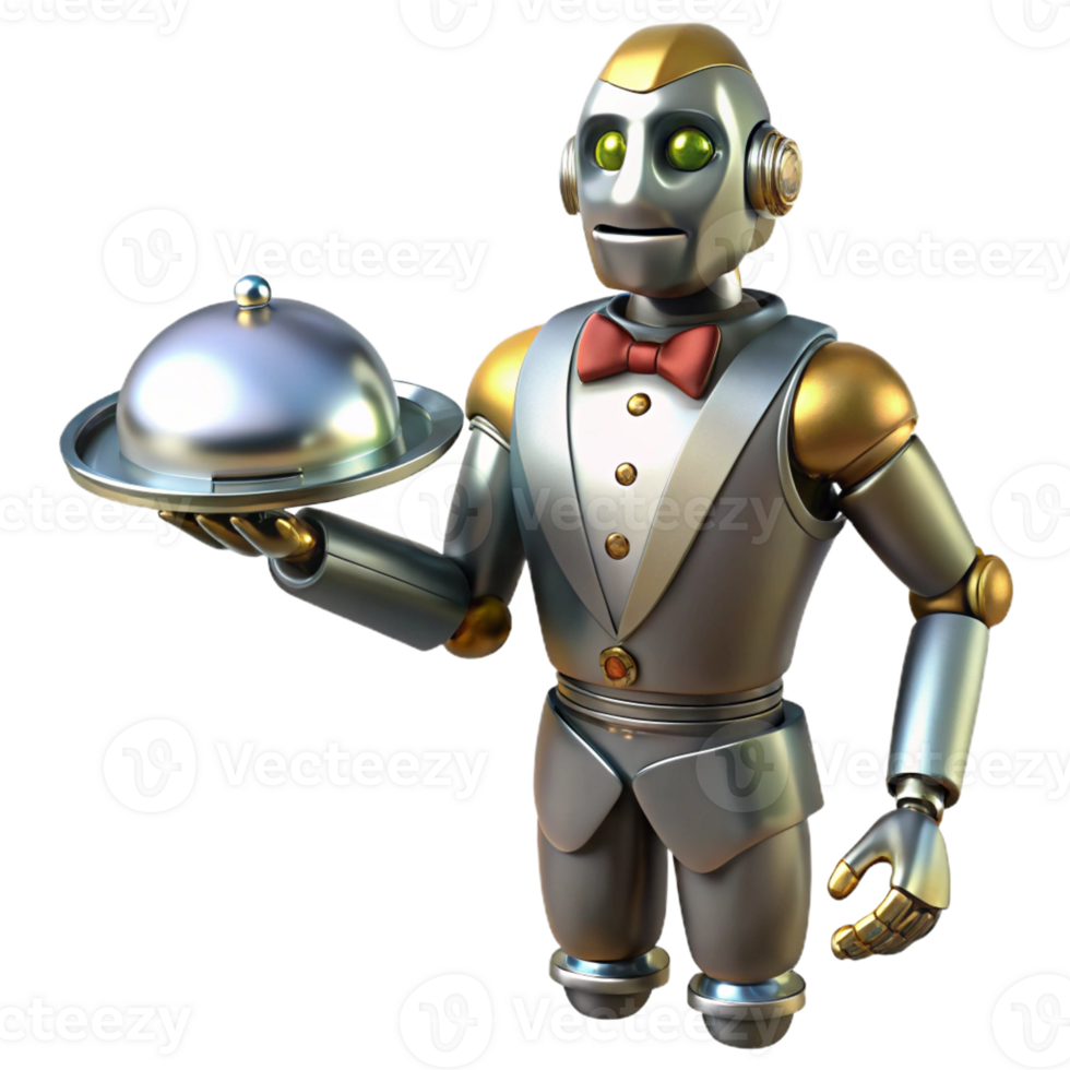 dramatic contemporary A Steampunk Robot Butler Holding a Silver original png