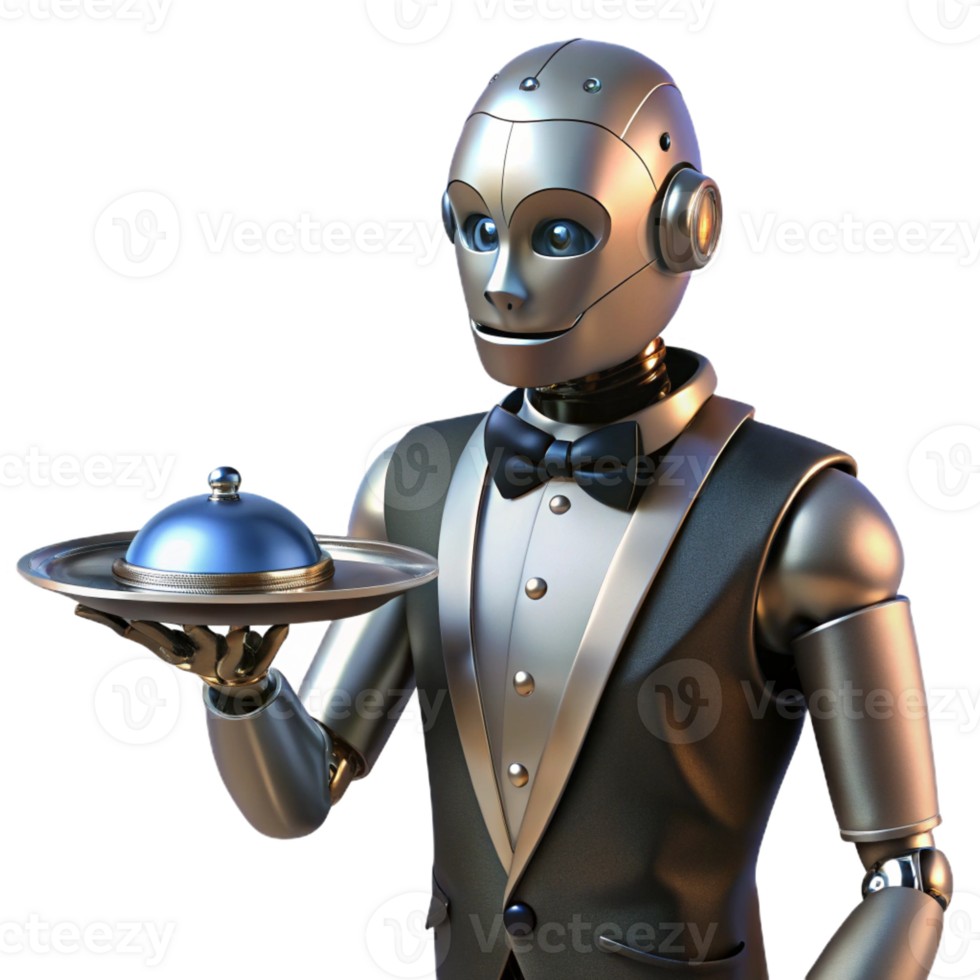 elegant contemporary A Steampunk Robot Butler Holding a Silver high resolution png