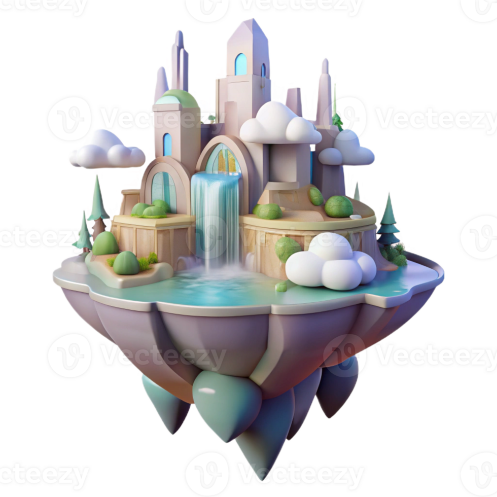 elegant minimalist A Floating Island City with Waterfalls Cas high resolution png